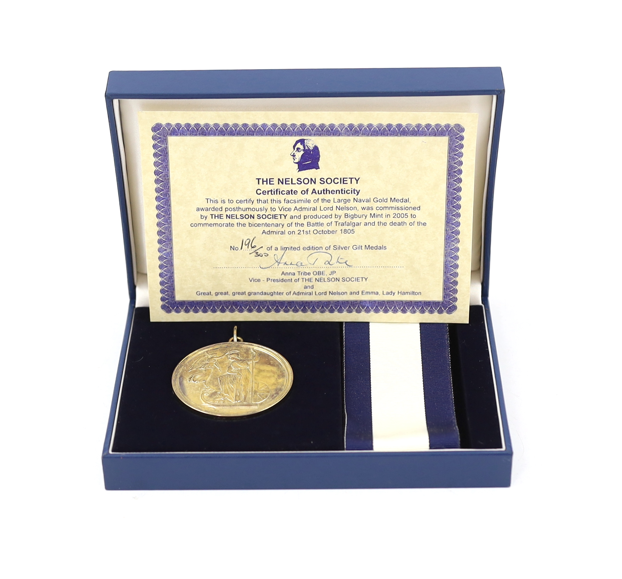 Nelson society, a silver-gilt replica of the large naval gold medal posthumously awarded to Vice Admiral Lord Nelson, limited edition number 196/300, cased